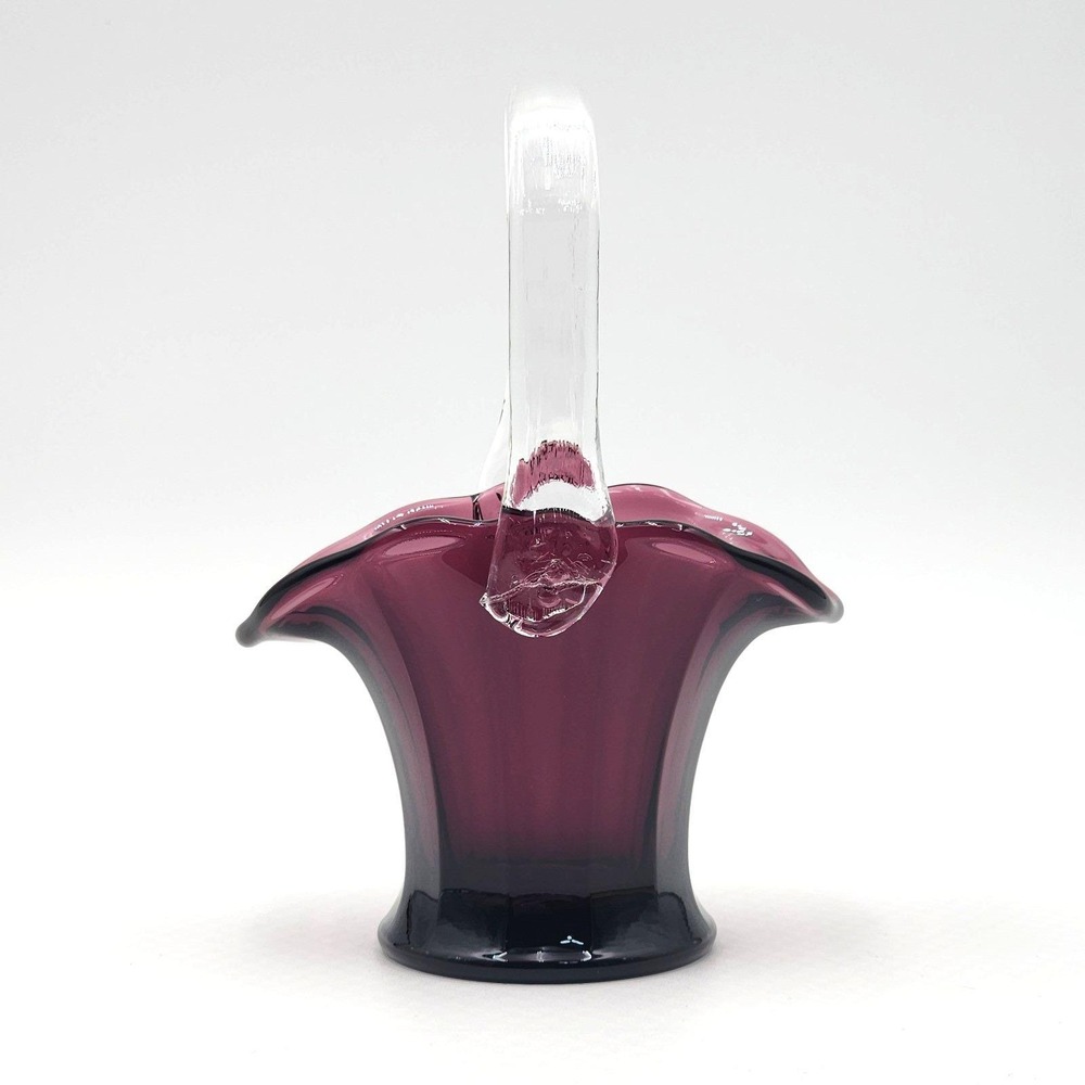 Mosser Amethyst Purple Glass Mini Basket Clear Handle Embossed M 7.5in Repaired - Picture 3 of 12